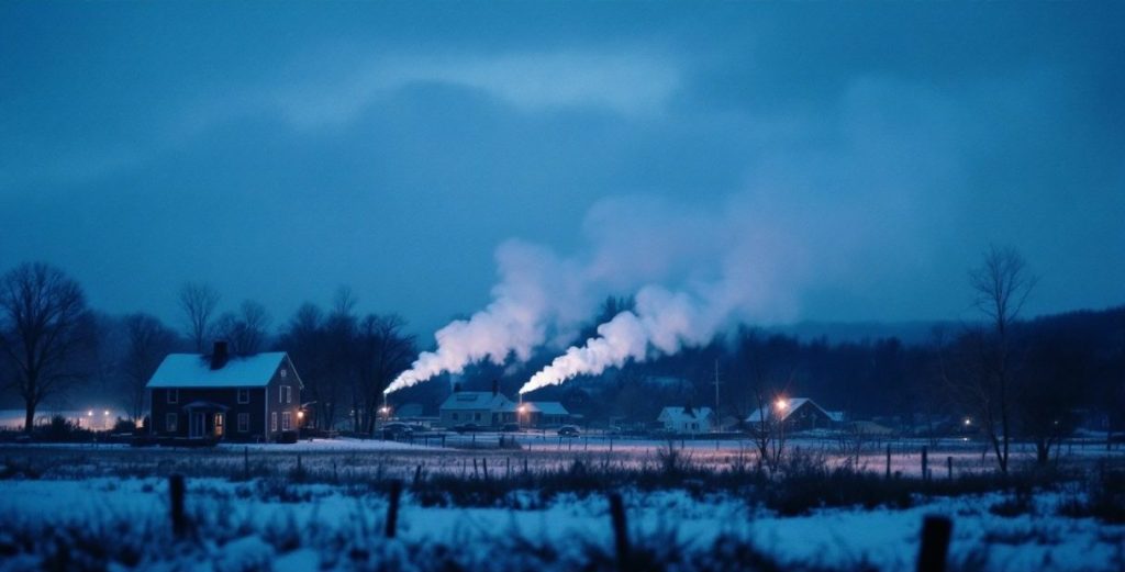 An oil-heated New England village in winter.