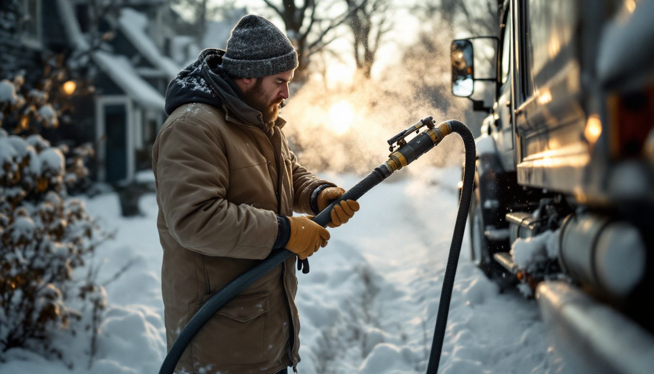Delivery driver filling the oil tank of a snow-covered New England house, illustrating how much heating oil a house uses in winter