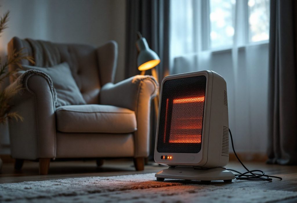 A space heater placed close to furniture and curtains.