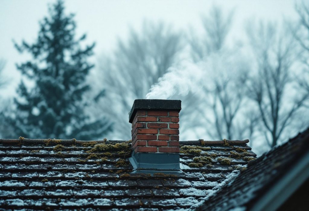 A chimney in use on a winter afternoon.