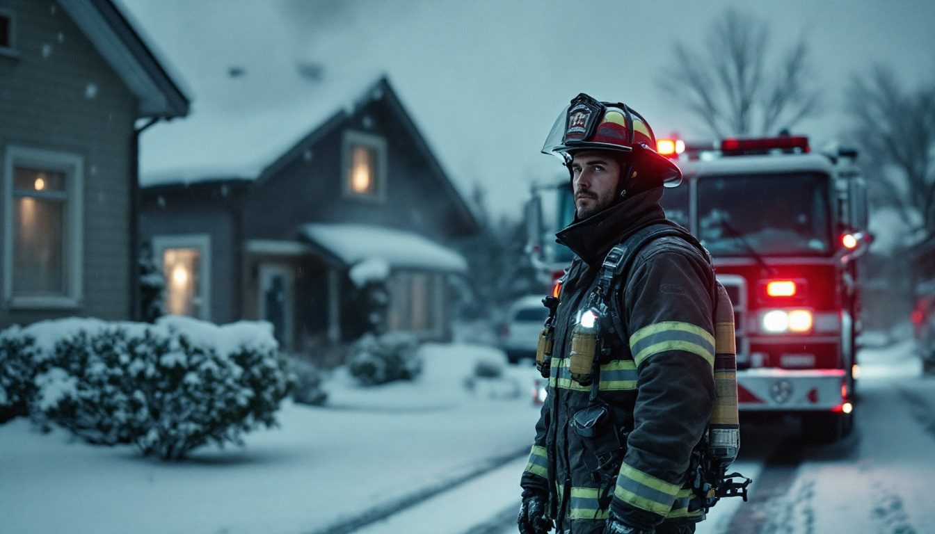 A firefighter in turnout gear standing beside a fire engine outside a snow-covered house at night.