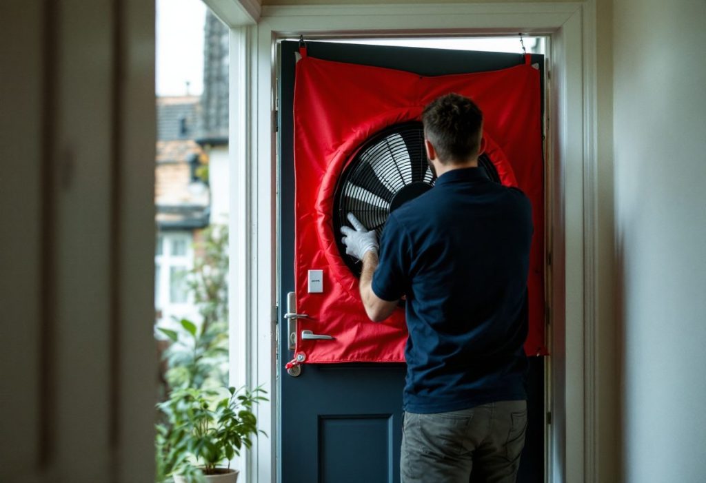 A blower door test measuring how leaky a house is.