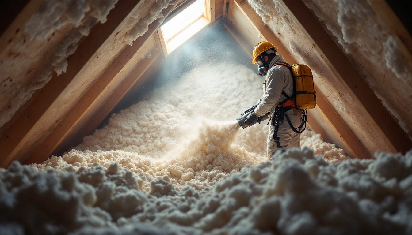An insulation installer in protective suit and respirator blowing loose-fill insulation into an attic between wooden joists.