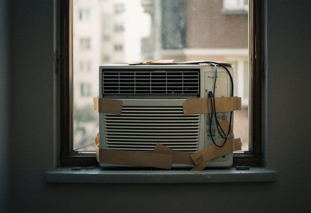 An aging window unit in a hot apartment.