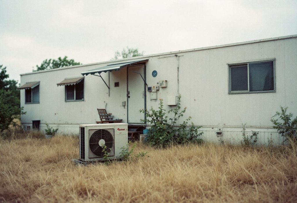 A rural mobile home in summer heat.