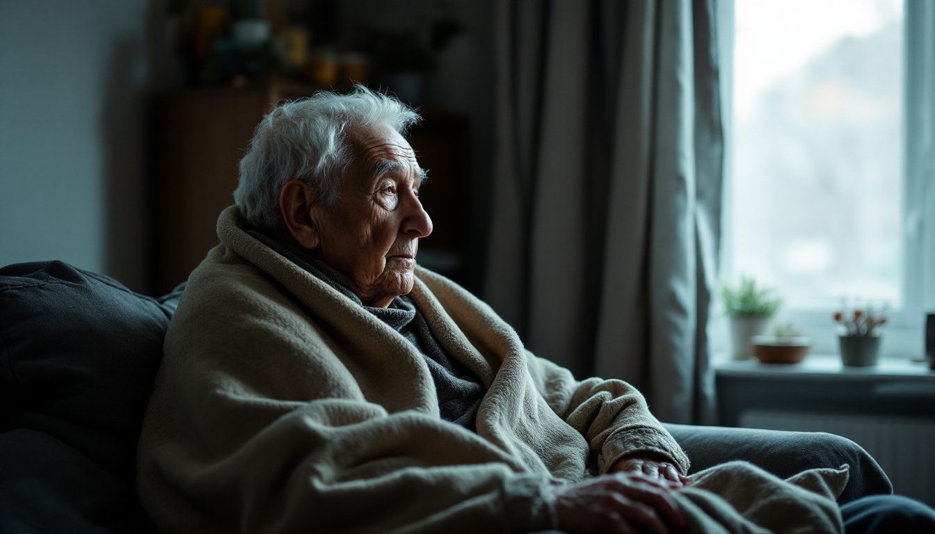 An elderly person sitting in a dim living room wrapped in a blanket in winter.