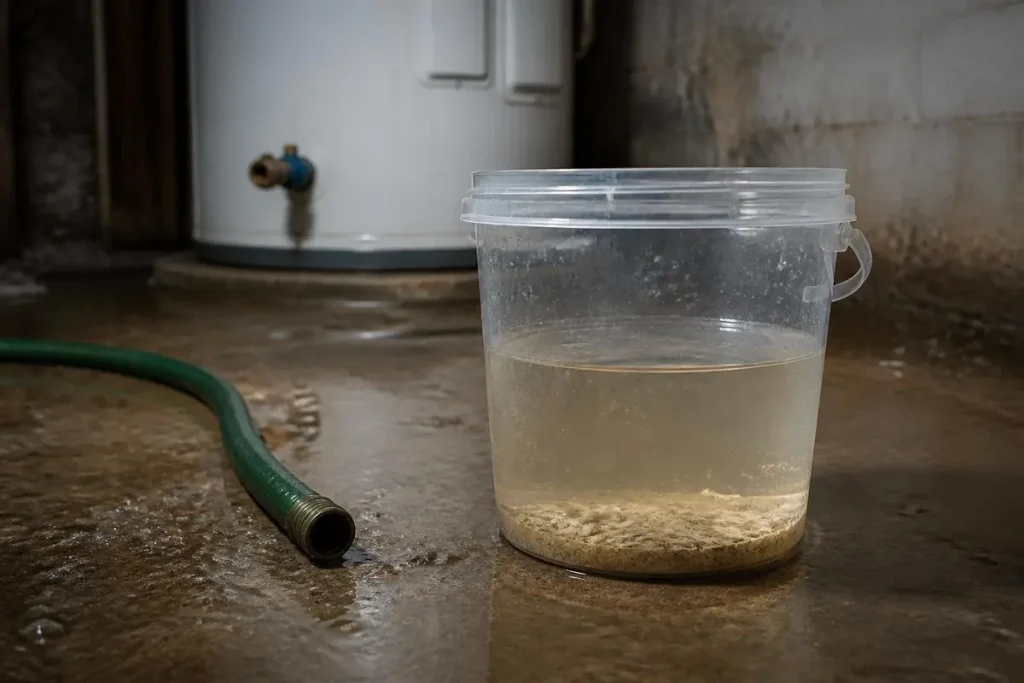 Sediment in the first buckets shows how much scale the tank has collected.