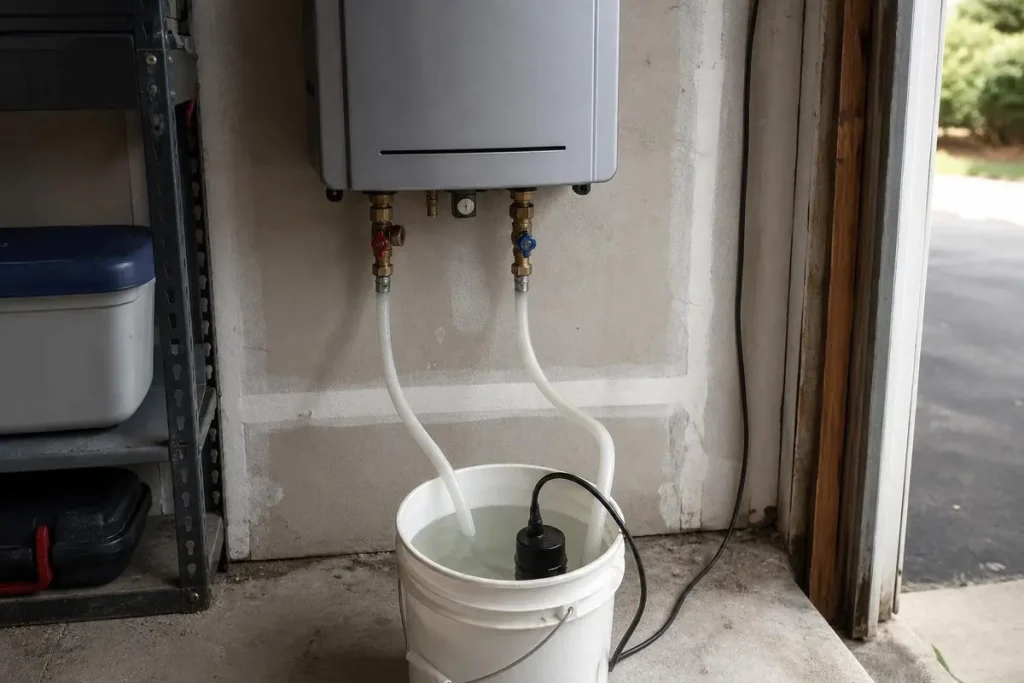 Tankless units are descaled with a pump and vinegar loop, not drained like a tank.