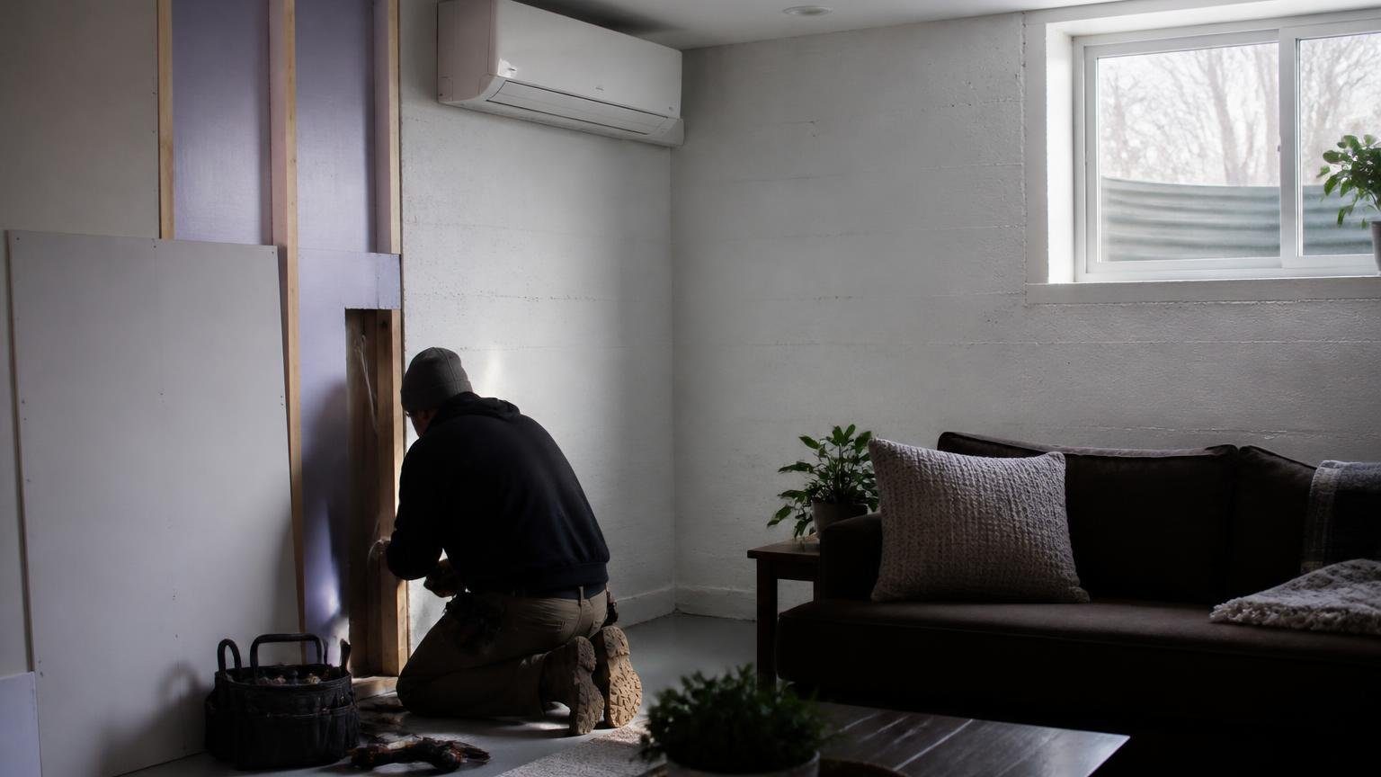 Technician working in a finished basement with a ductless mini split, showing how to heat a basement efficiently