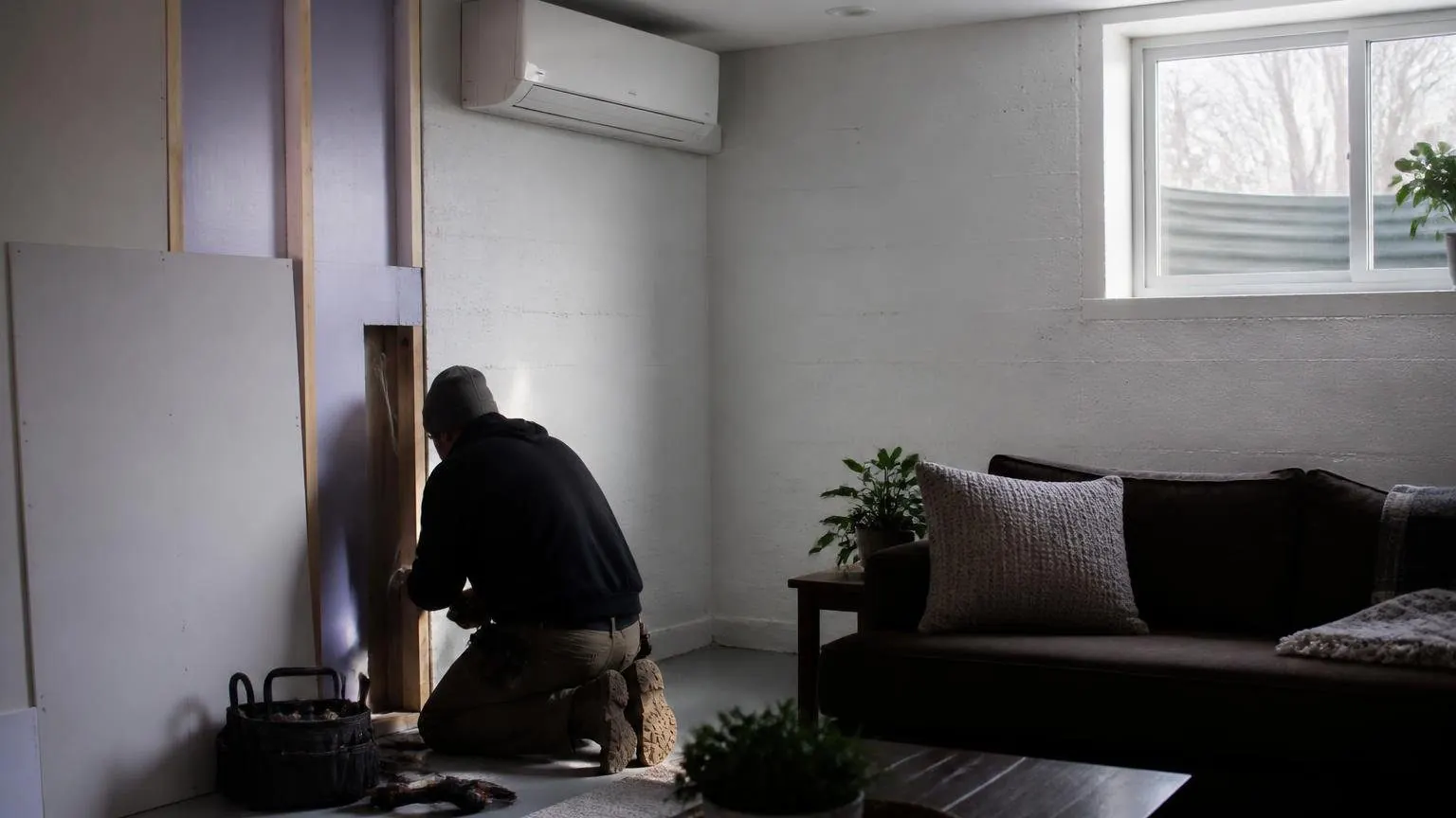 Technician working in a finished basement with a ductless mini split, showing how to heat a basement efficiently