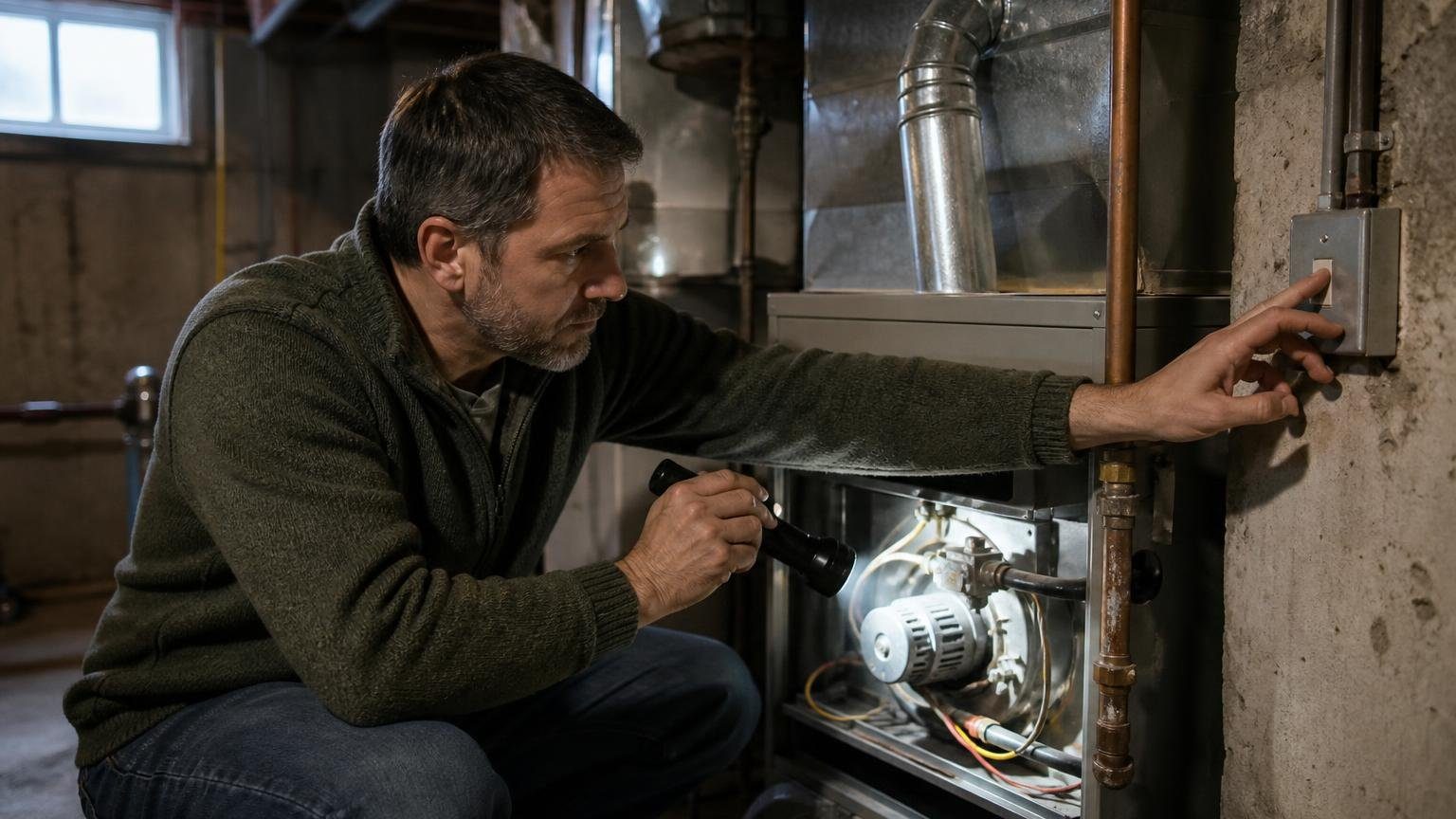 Homeowner learning how to reset furnace power at the switch beside a gas furnace in a basement