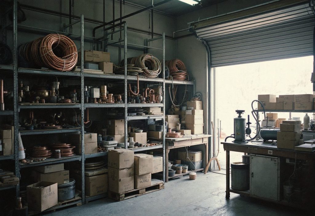 Shelving, tubing and tools in a small HVAC shop bay.
