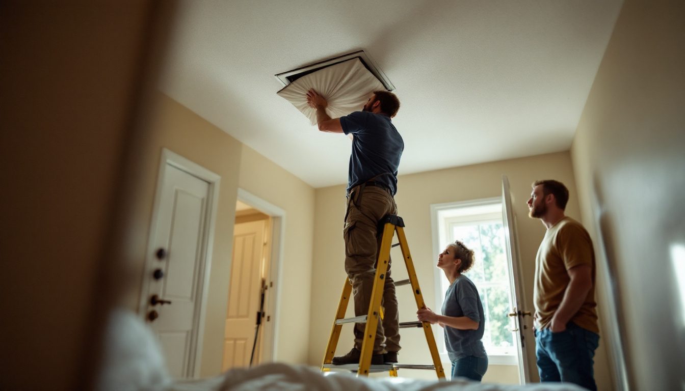 Technician measuring register airflow with a capture hood during HVAC air balancing in a home bedroom