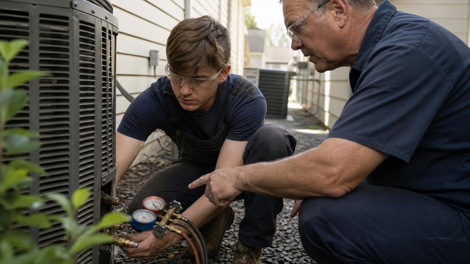 HVAC apprenticeship in practice: an apprentice connects gauges to an outdoor unit while a journeyman technician supervises