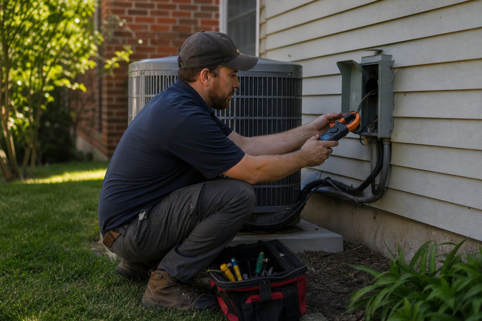 Technician clamping an amp meter at an outdoor disconnect while diagnosing an AC that keeps tripping the breaker