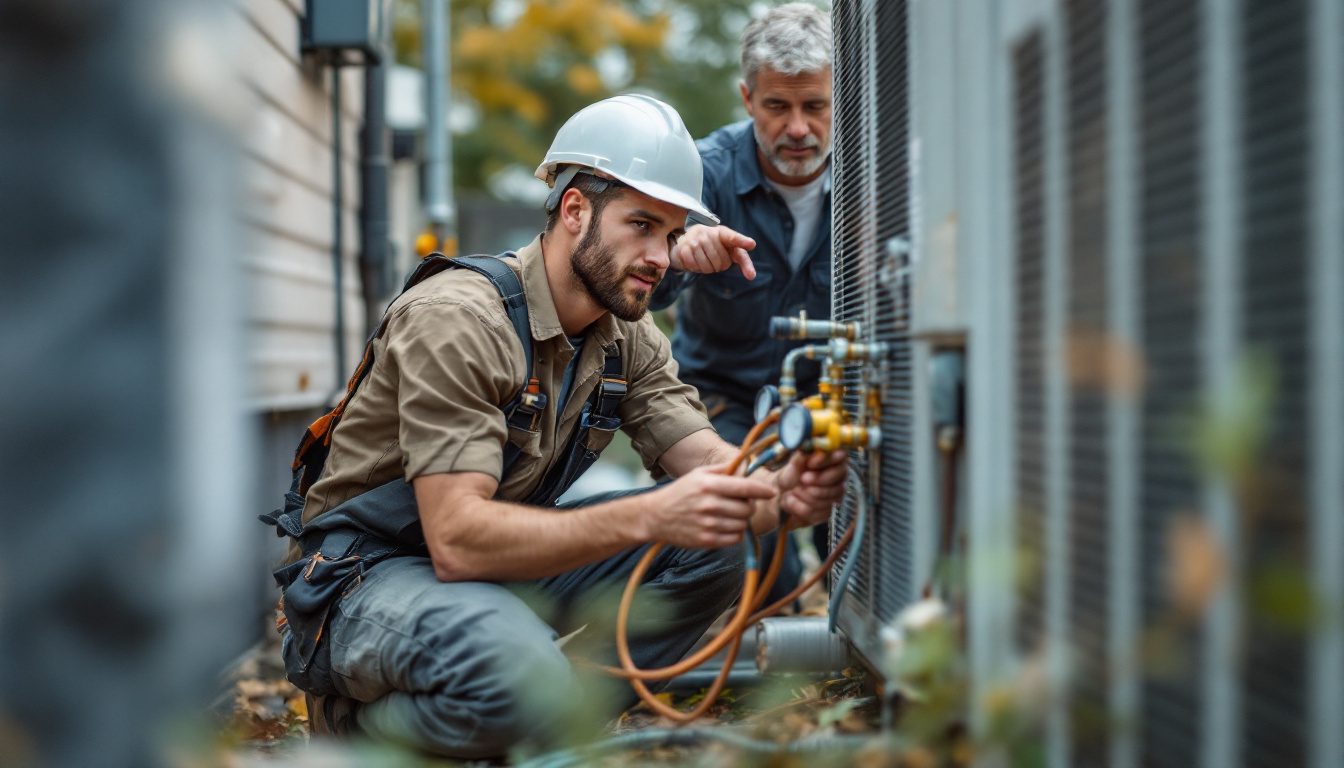 Apprentice technician working toward HVAC certification connects refrigerant gauges to a condenser under a mentor's supervision