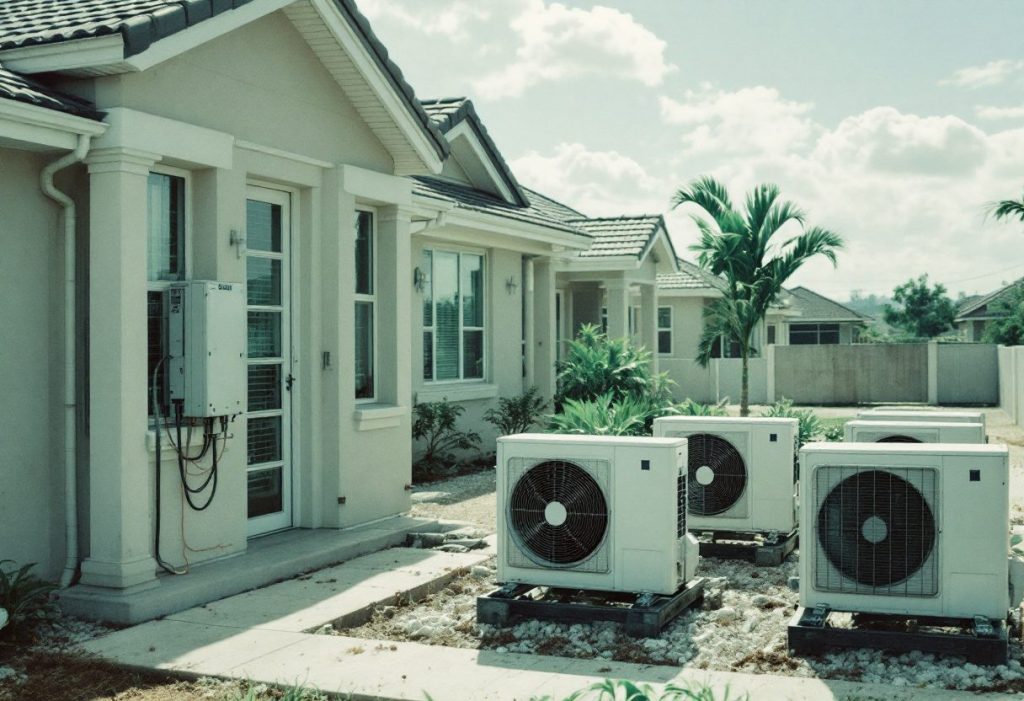 New homes with freshly installed AC units on a metro's edge.