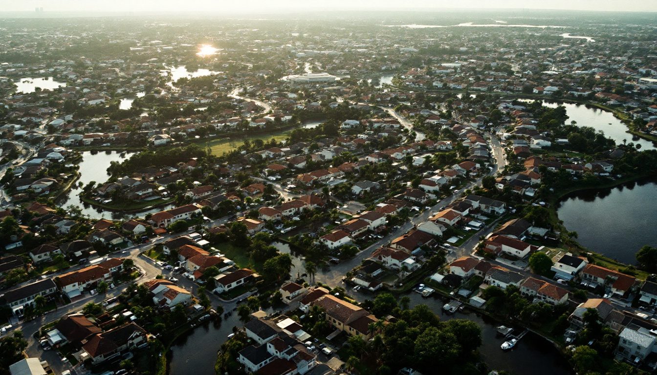 Aerial view of a sprawling Florida suburb with hundreds of rooftops and canals in late afternoon sun.