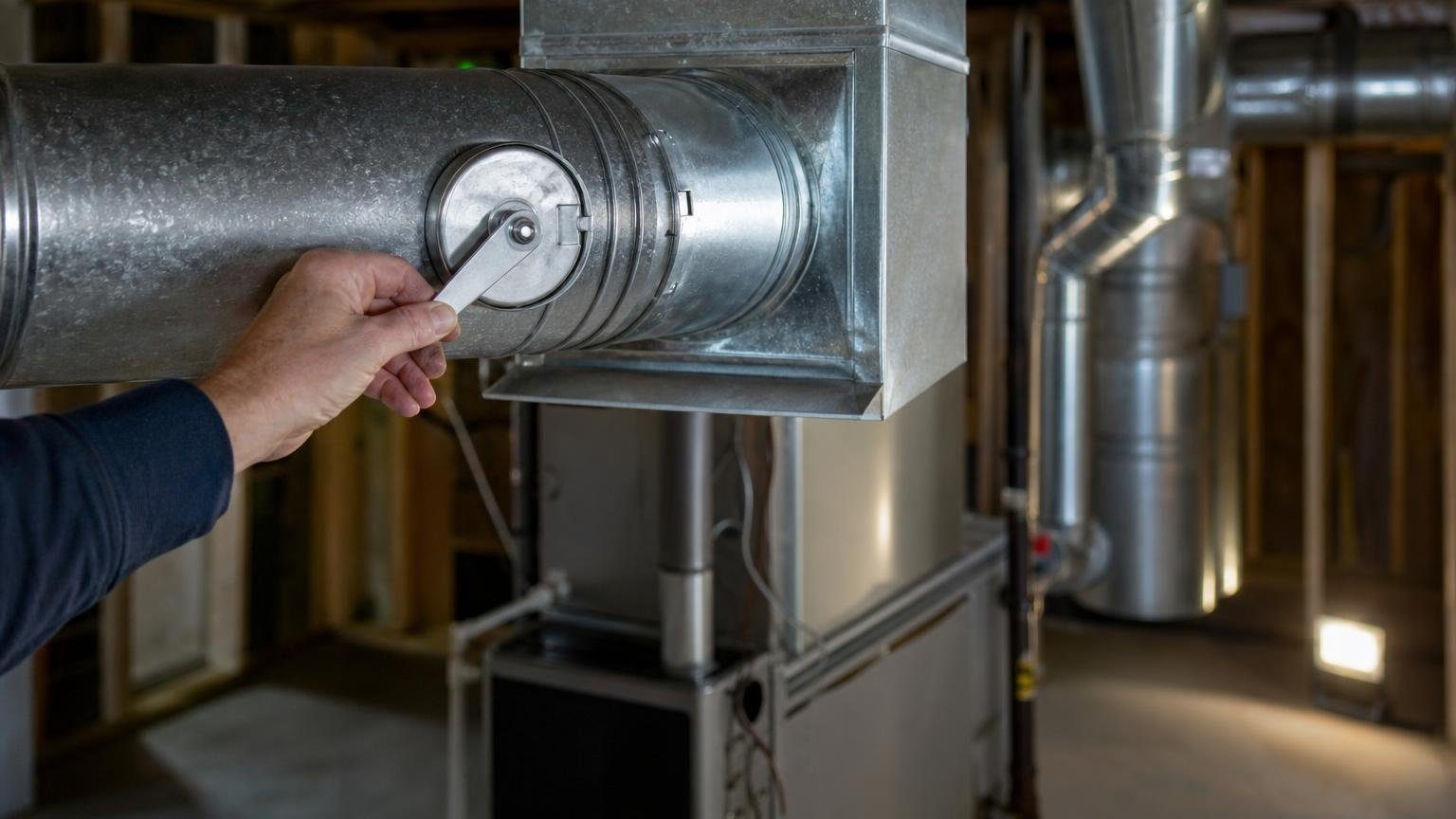Hand adjusting one of the HVAC dampers on a basement branch duct near the main trunk line