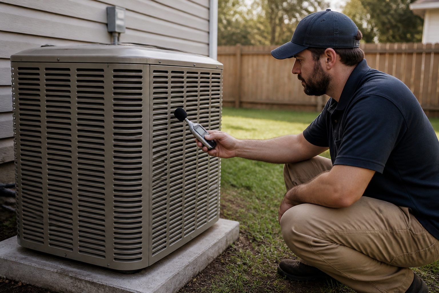 Technician measuring air conditioner decibel levels at an outdoor condensing unit beside a house