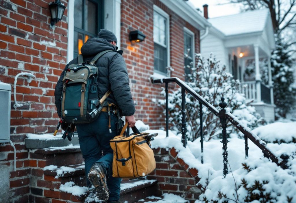 A service call in a northern town in winter.