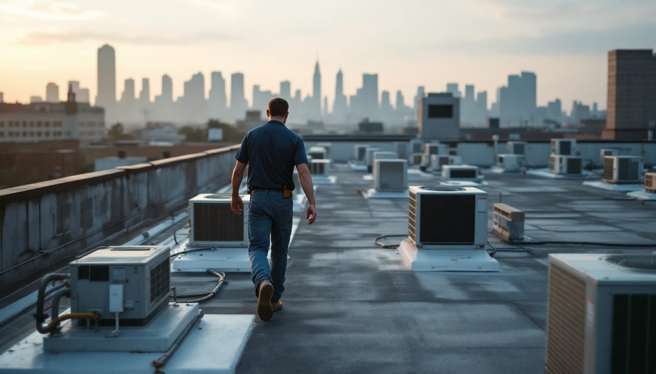 An HVAC technician walking across a wide commercial rooftop lined with rooftop air conditioning units.