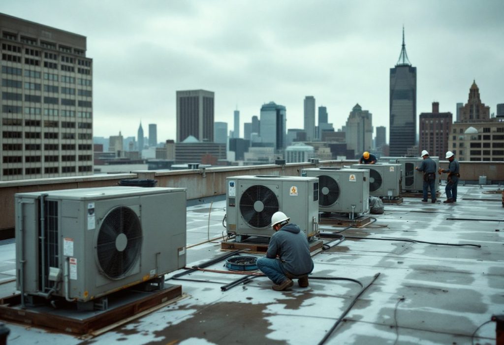 A contractor crew on a commercial rooftop, where licensing rules are usually strictest.