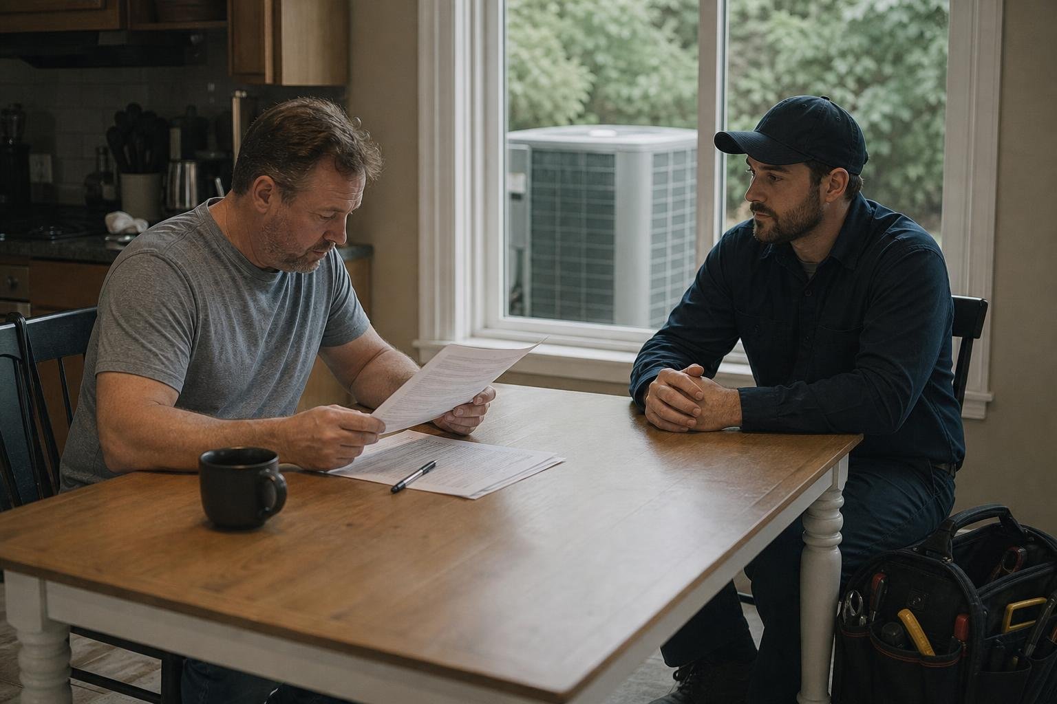 A homeowner reviews an HVAC maintenance plan agreement at a kitchen table with a technician before signing