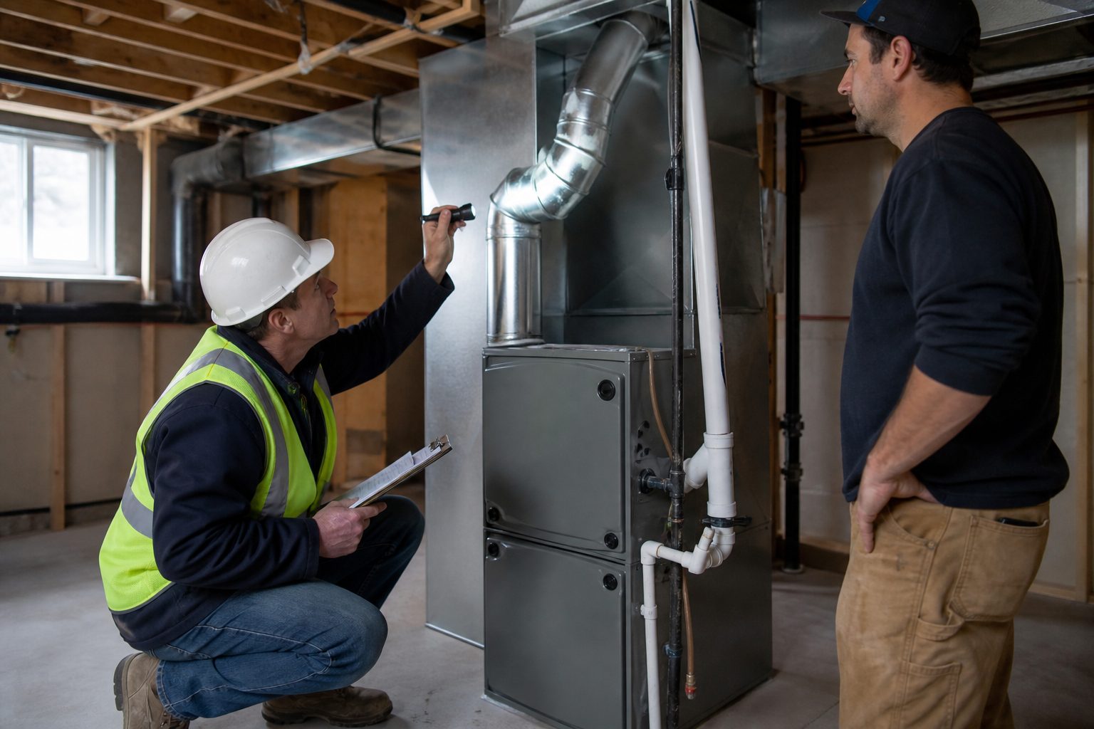 Building inspector checking furnace venting during an HVAC permit inspection in a residential basement