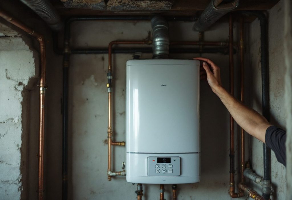 A residential boiler being opened for inspection.