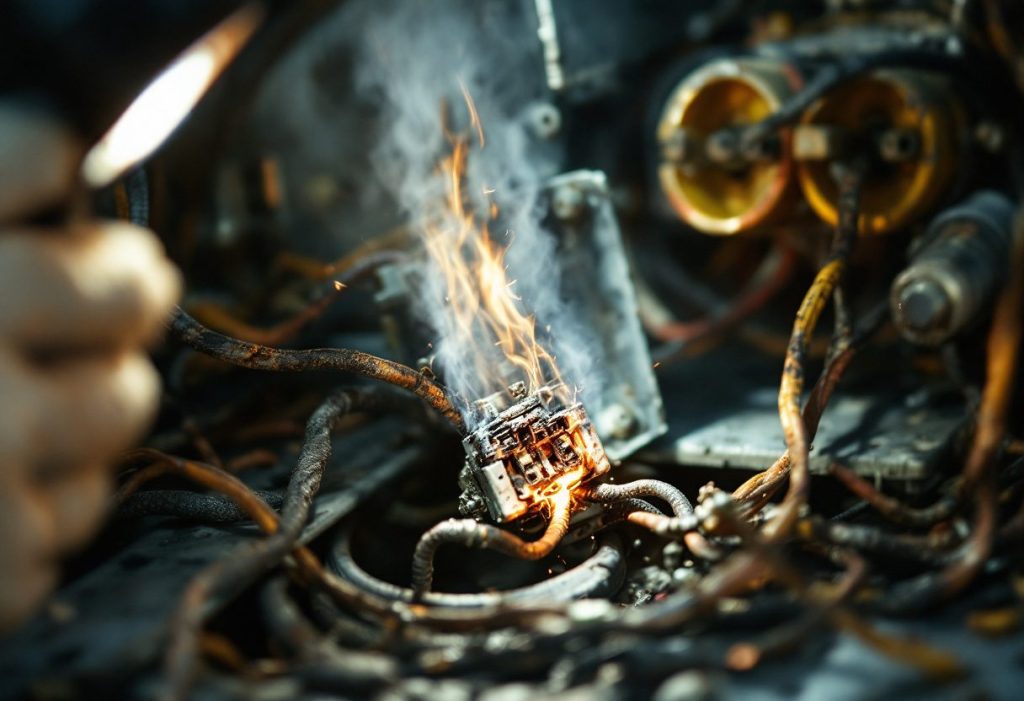 Heat damage inside an appliance housing.