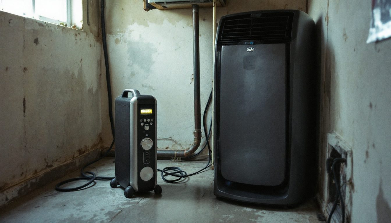 A dehumidifier and a portable space heater on a concrete basement floor near a sump area.