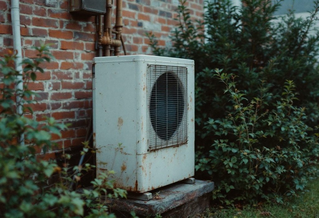 An aging outdoor unit: the serial number tells you how old it really is.