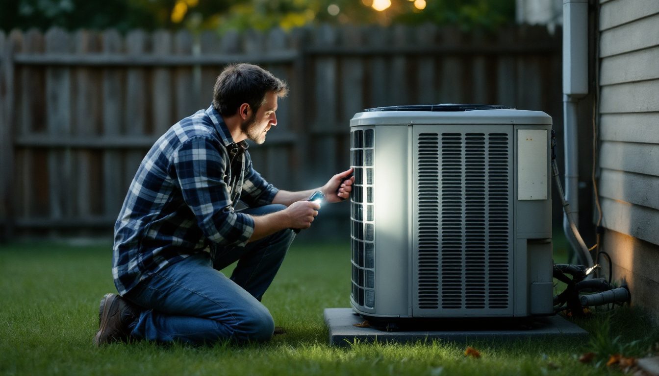 Homeowner inspecting an outdoor AC condenser during an HVAC serial number lookup