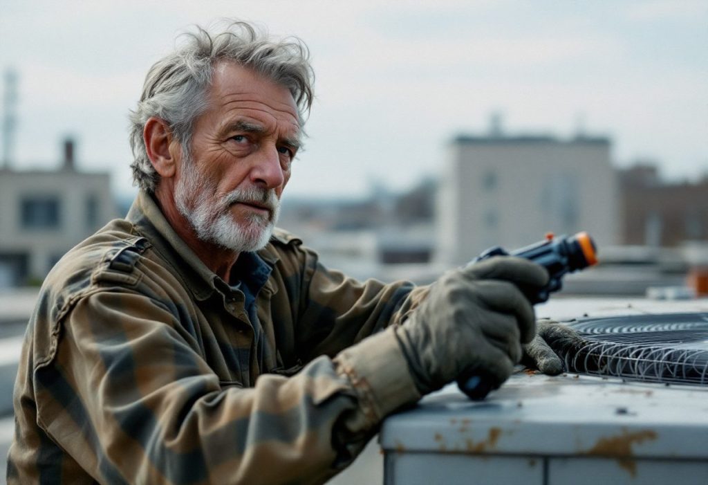 A veteran technician on a commercial rooftop.