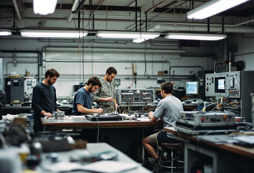 Students wiring furnace controls in a training lab.
