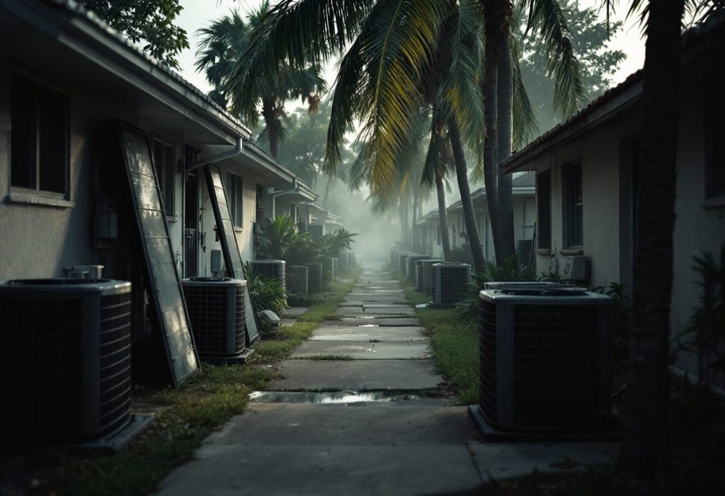 Air conditioning condensers along a Florida street.