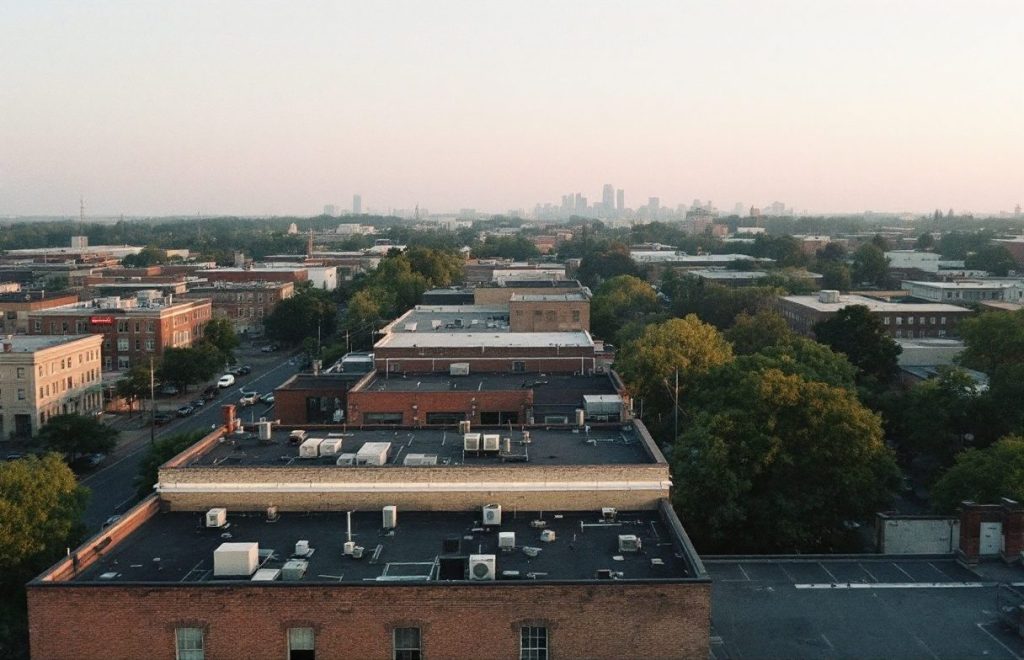 Rooftop HVAC units across a town's commercial district.