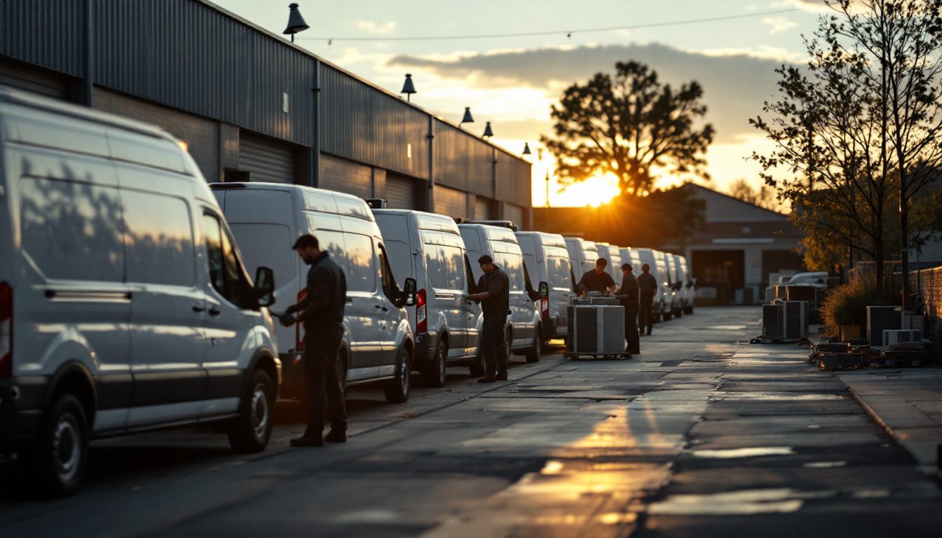 A fleet of plain unbranded white HVAC service vans parked in a row at a contractor's yard at sunrise.