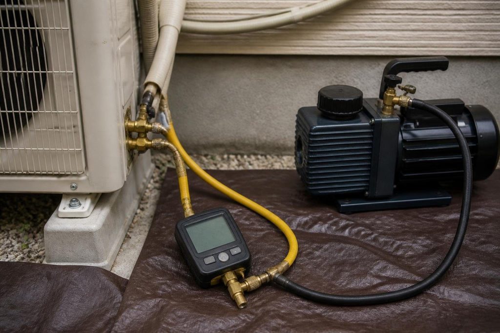 A micron gauge confirms the evacuation target the installation manual sets.