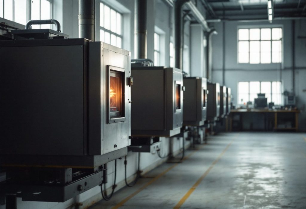 A training lab with mounted furnaces and condensing units.