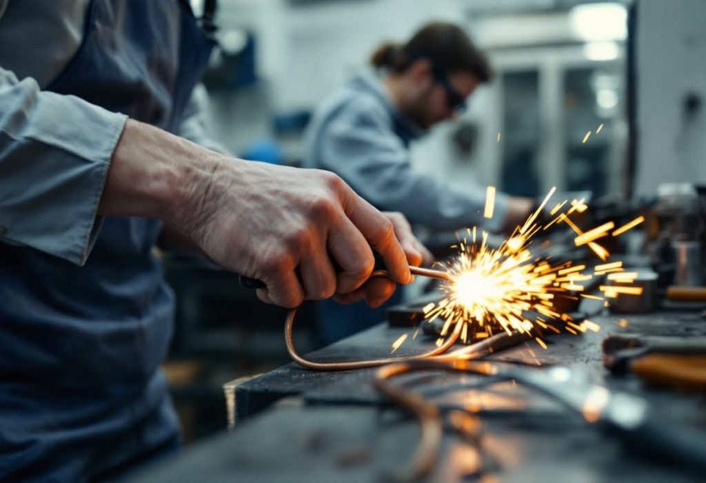 A student practising copper flaring at a workbench.