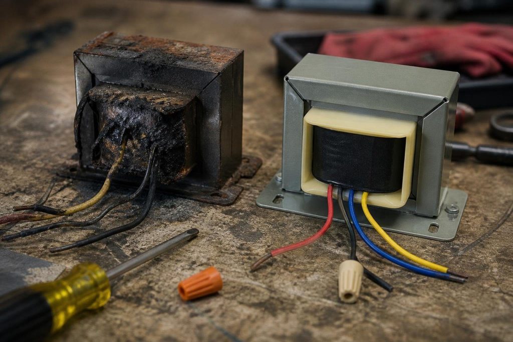 Match primary voltage, VA rating and mounting style when swapping a transformer.