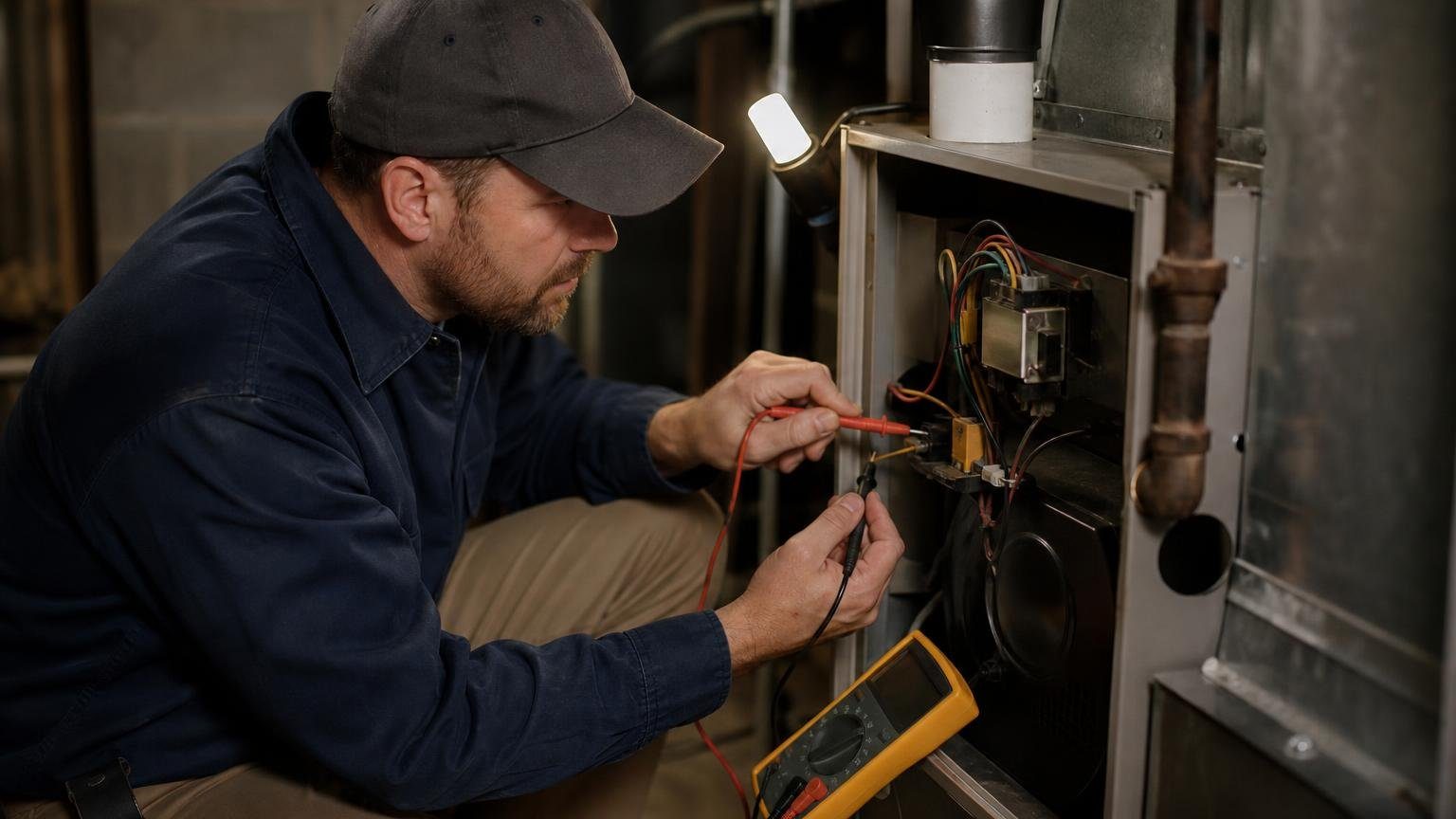 Technician testing the HVAC transformer inside an open gas furnace with a multimeter