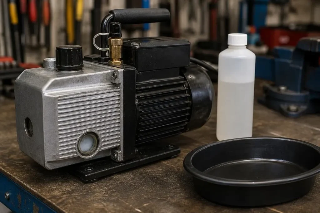 Check the oil in the sight glass before each job; cloudy oil means moisture and calls for a change.