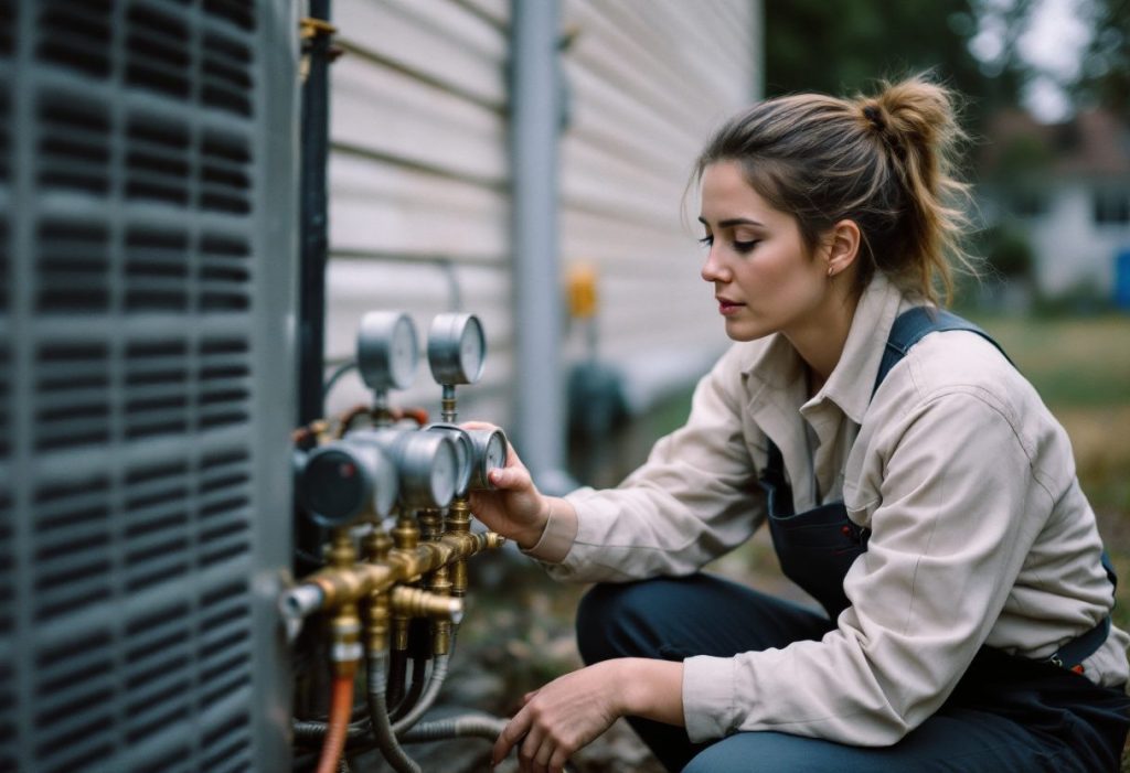 A woman technician servicing an outdoor condenser.