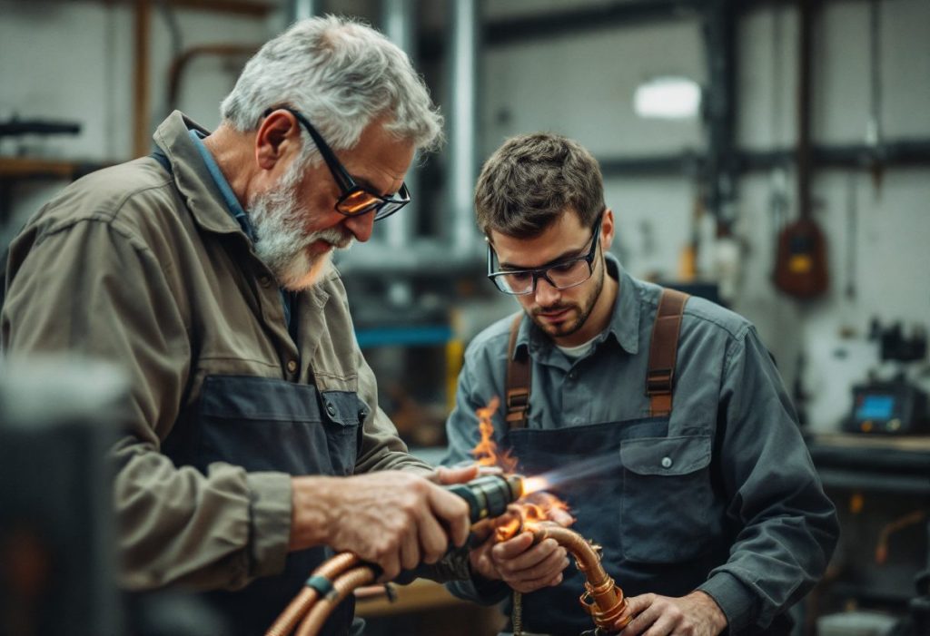 A senior technician training an apprentice to braze copper.