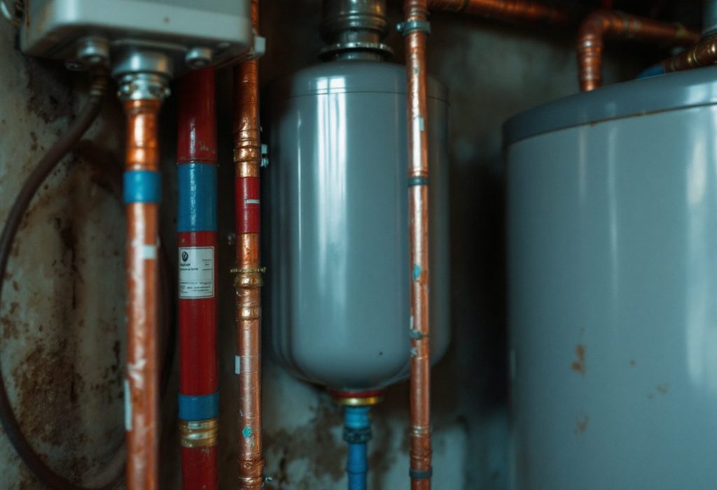Circulator pump, expansion tank and piping beside a hydronic boiler.