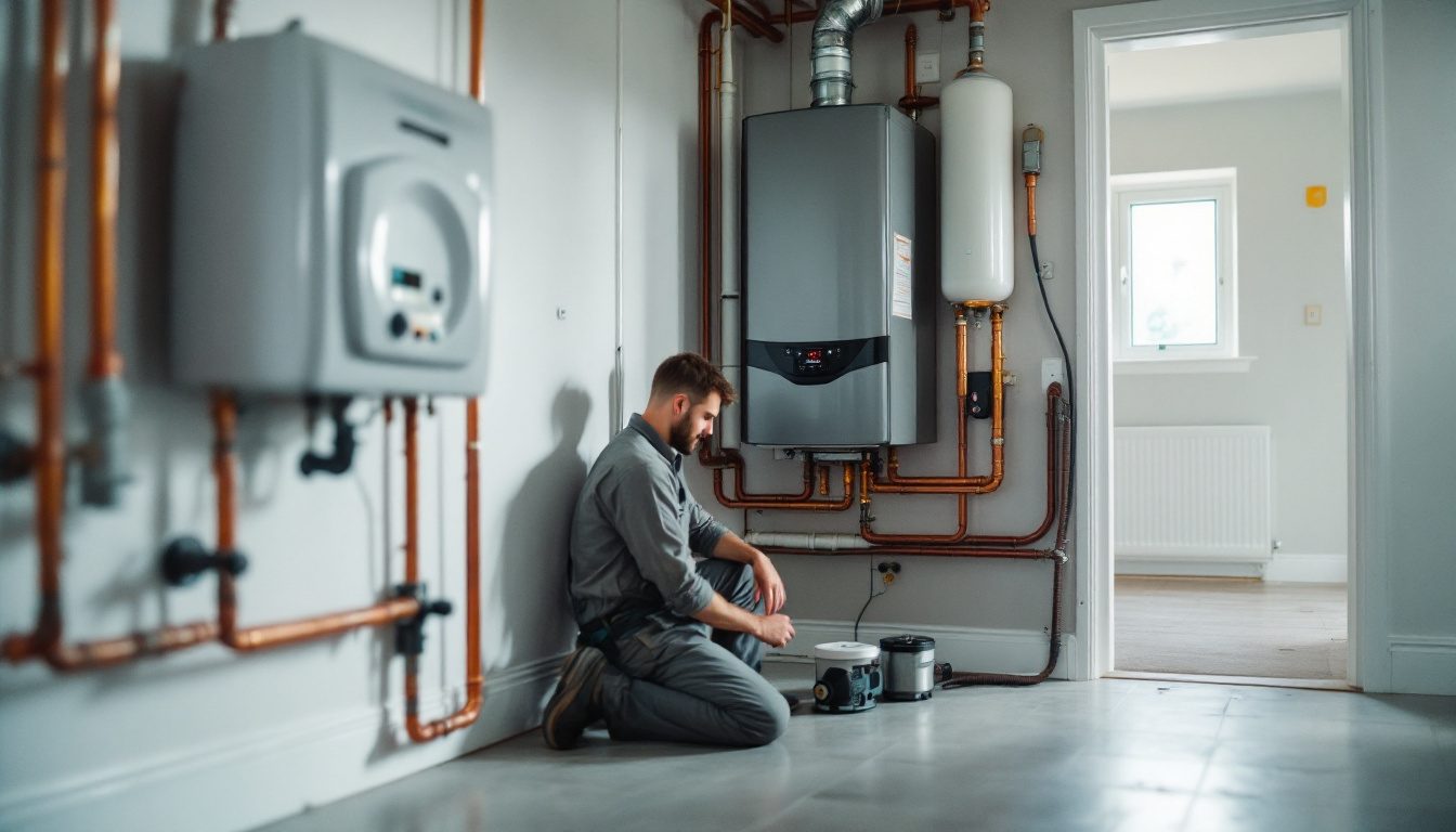 Technician checking the boiler, circulator pump and expansion tank of a hydronic heating system in a basement mechanical room