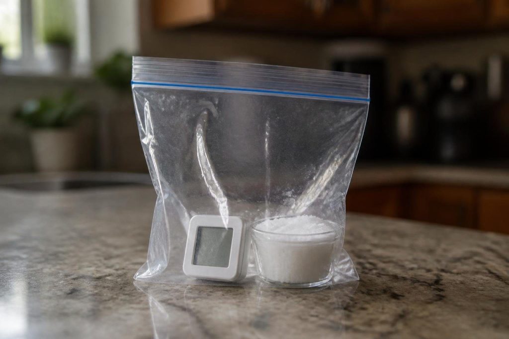 The salt test: a gauge sealed in a bag with damp table salt should settle near 75 percent.